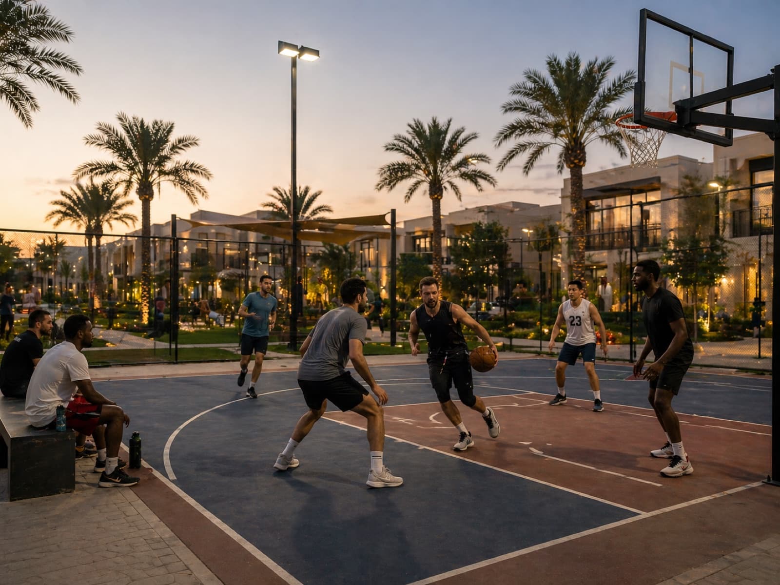 Residents playing basketball at sunset inside a compound