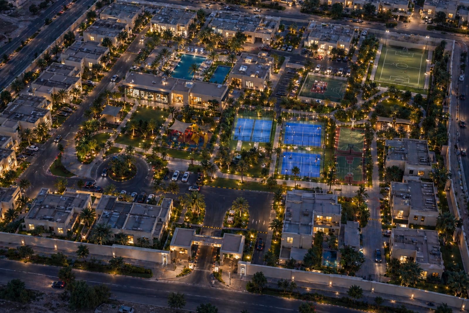 Aerial view of a residential compound at dusk — pool, padel, tennis, football pitch lit up