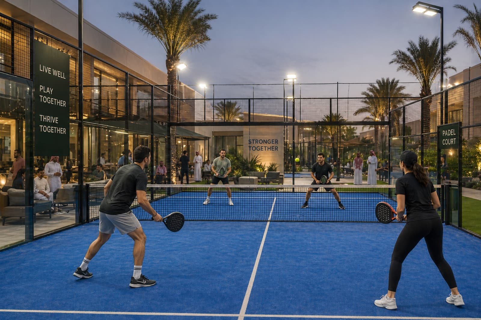 Residents playing padel at golden hour inside a compound