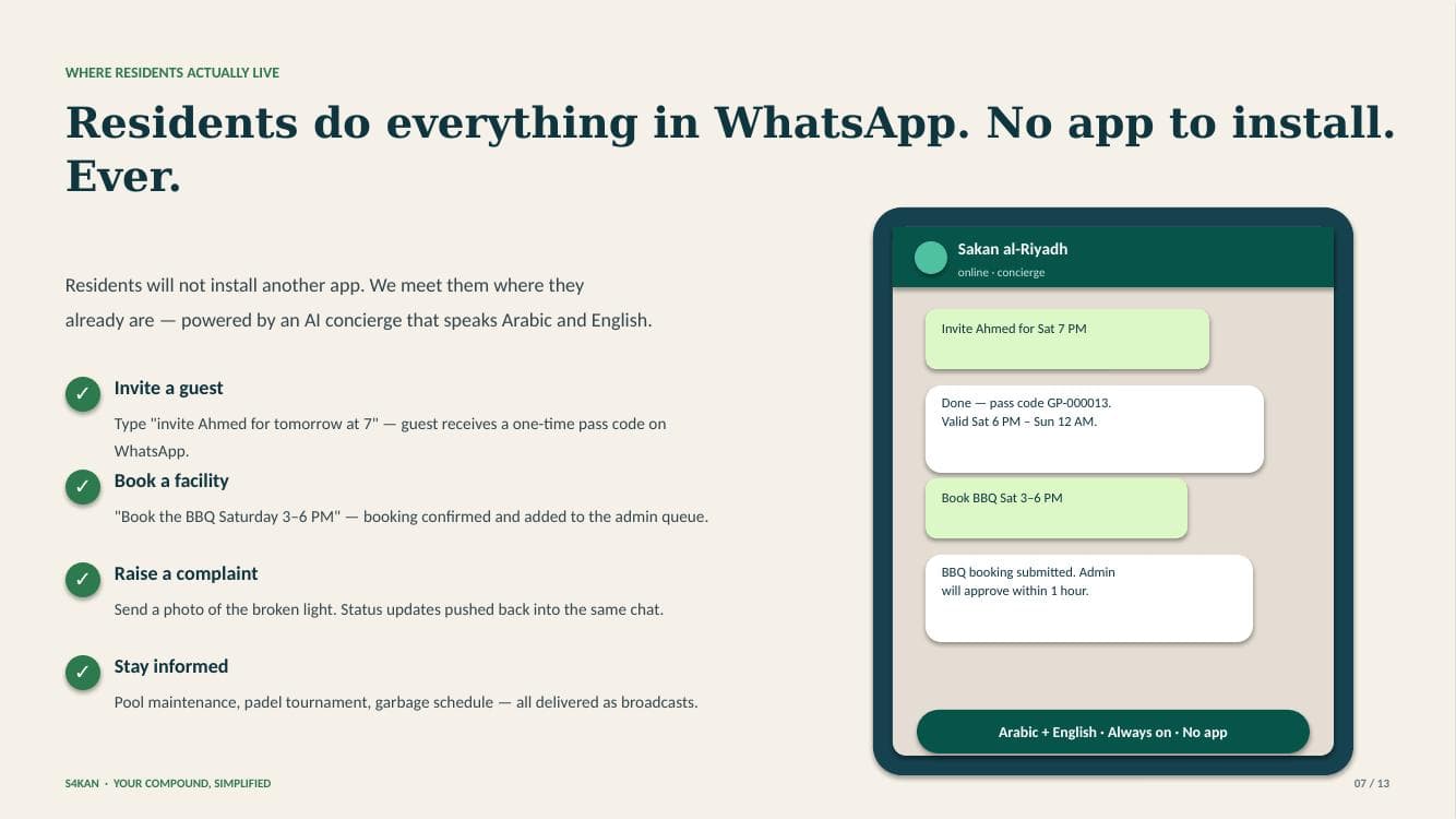 WhatsApp concierge — invite a guest, book a facility, raise a complaint